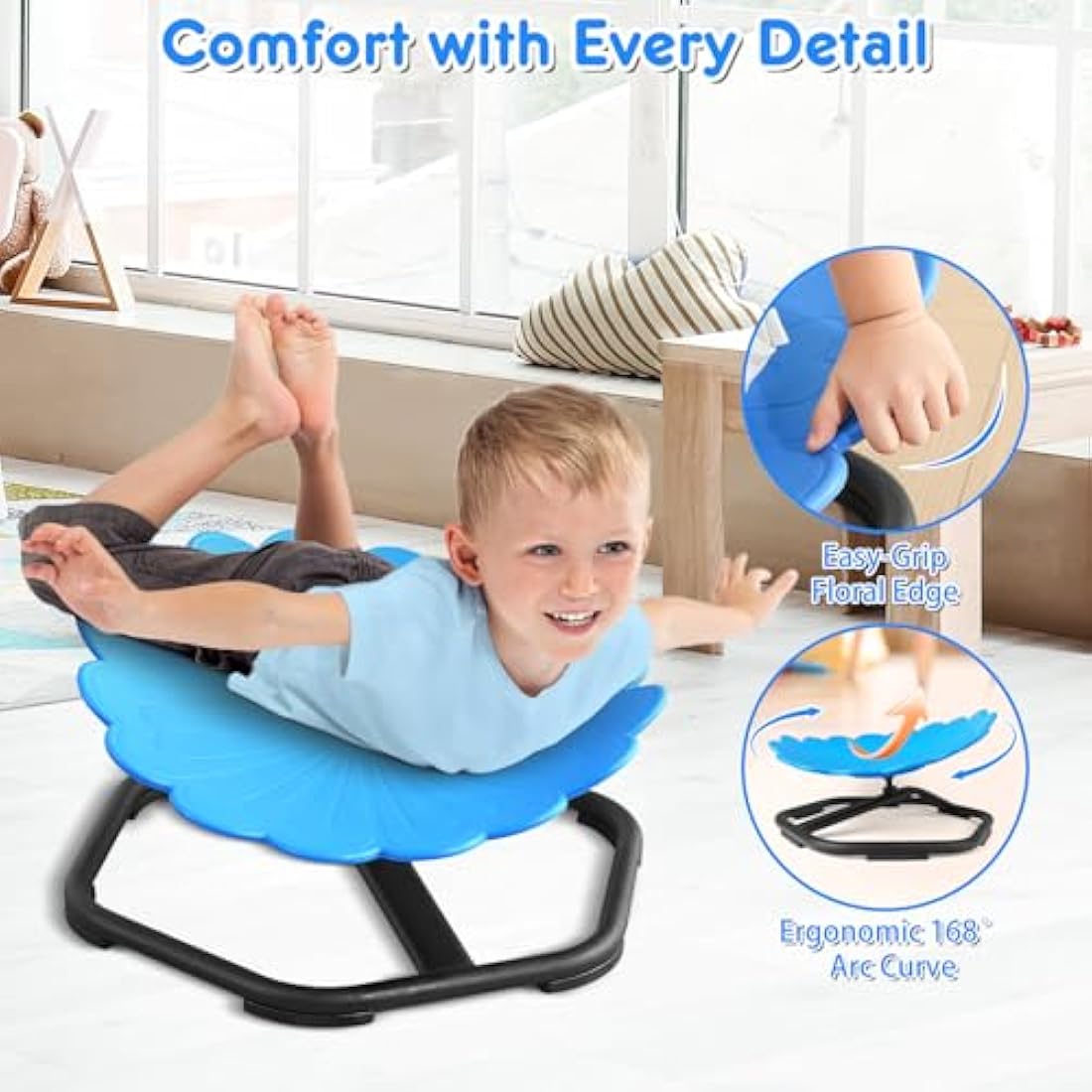 TERRAMUS Floral Swivel Chair for Kids, 360° Spinning Seat, Toddler Sit and Spin Wobble Chair, Sensory Balance Toys, Autism Adhd Chairs, Play Equipment Relief Motion Sickness for Boys Girls (Blue)
