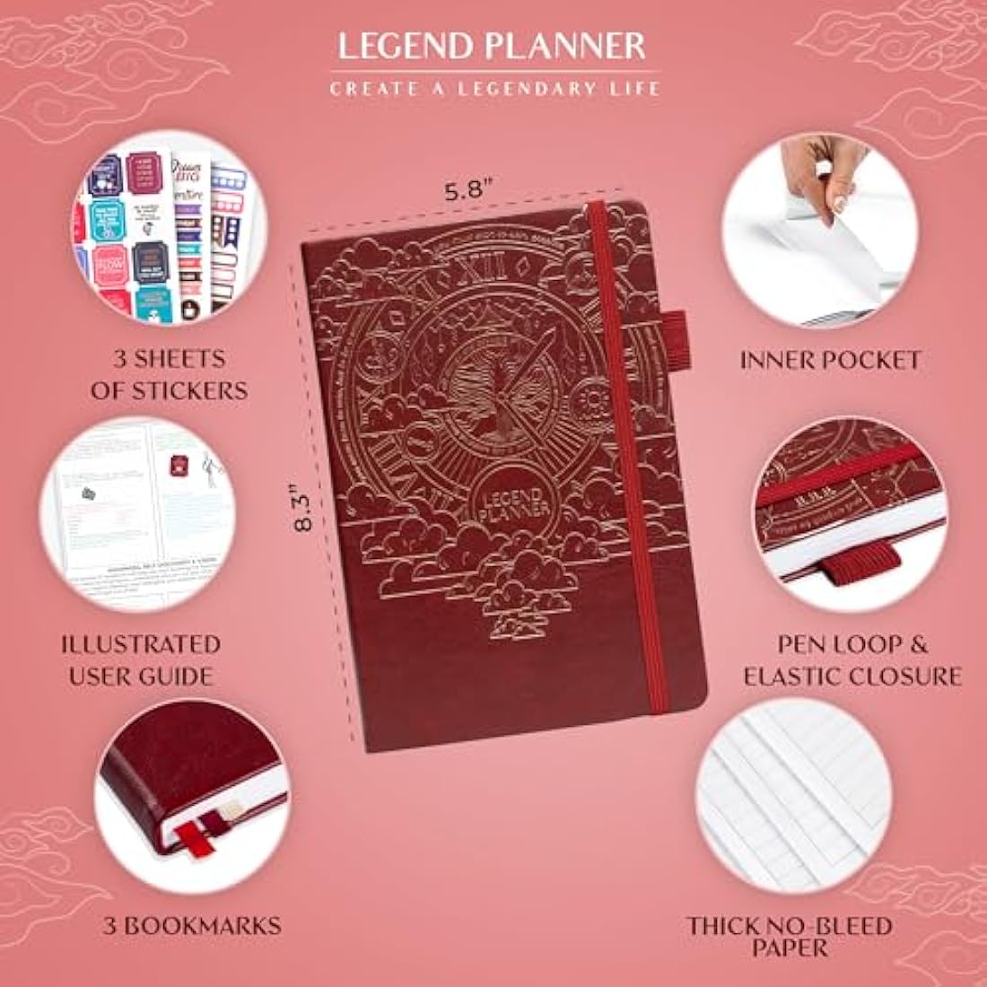 Legend Planner Hourly Schedule – Weekly & Daily Organizer with Time Slots. Appointment Book Journal for Work, Undated, A5 (Wine Red)