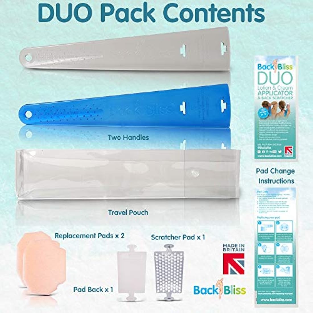 British Made Easy Reach Lotion Applicator for Back with Back Scratcher by BackBliss for Men and Women Clear/Blue