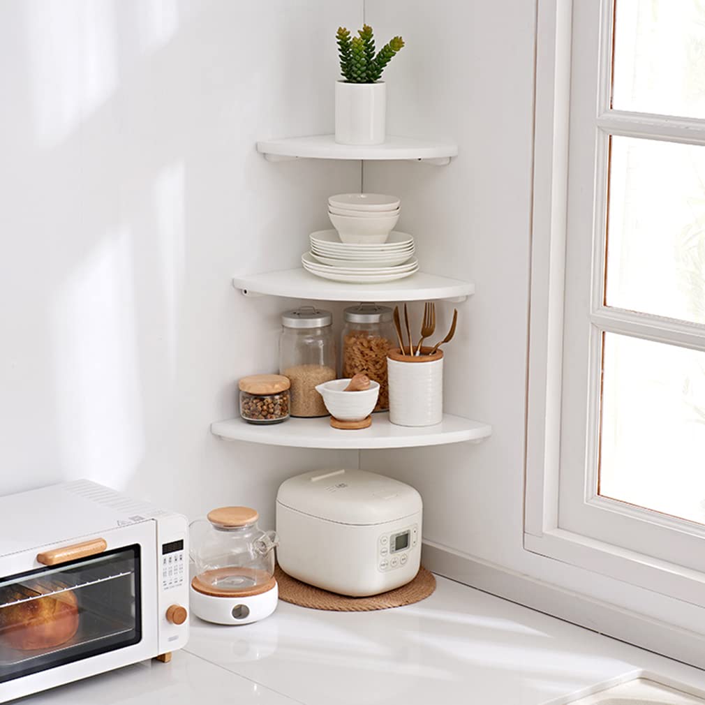 GIEANOO Corner Shelf, Solid Oak Wood White Floating Corner Shelf Wall Mount 16inch Round End Floating Speaker Shelf With Wire Hole Shelf for Bedroom