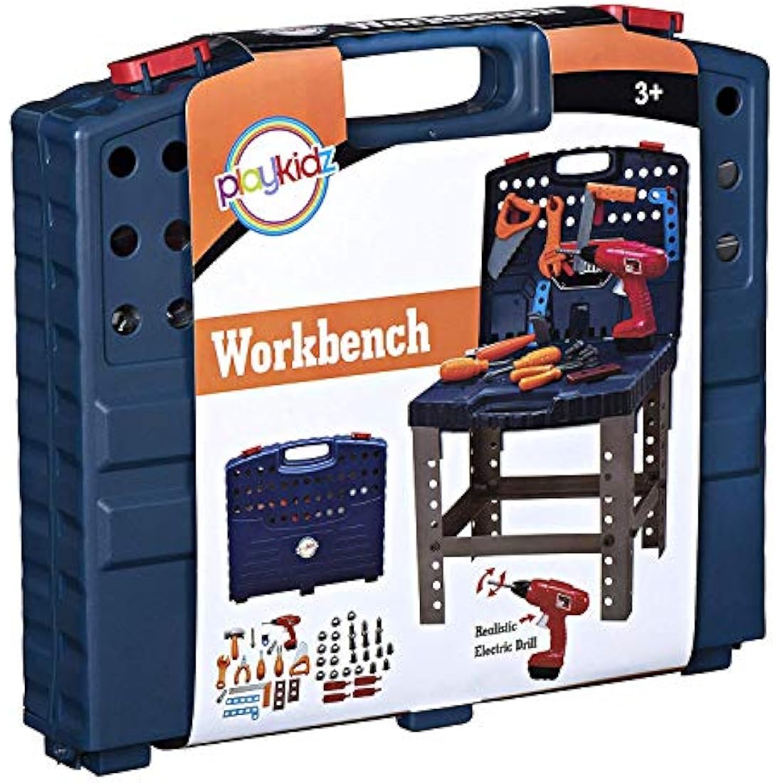 Playkidiz Construction Workbench - Kids Tool Set - Portable Toolbox Toy Playset - Kids Tool Bench Includes Working Electric Power Drill, Travel Carry Case & 45+ Tools & Accessories - Ages 3+
