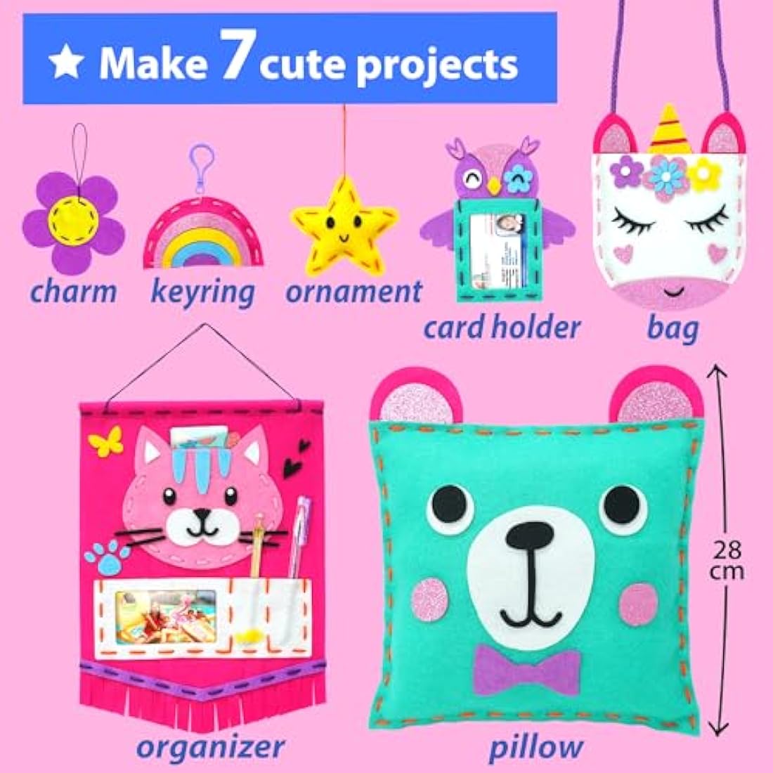 KRAFUN My First Sewing Kit for Kids Ages 5-9, Beginner Art & Craft with 6 Easy Doll, Pillow, Bag, Ornament Projects, Plush Felt, Safe Plastic Needle, Instructions Learn Sewing, Embroidery