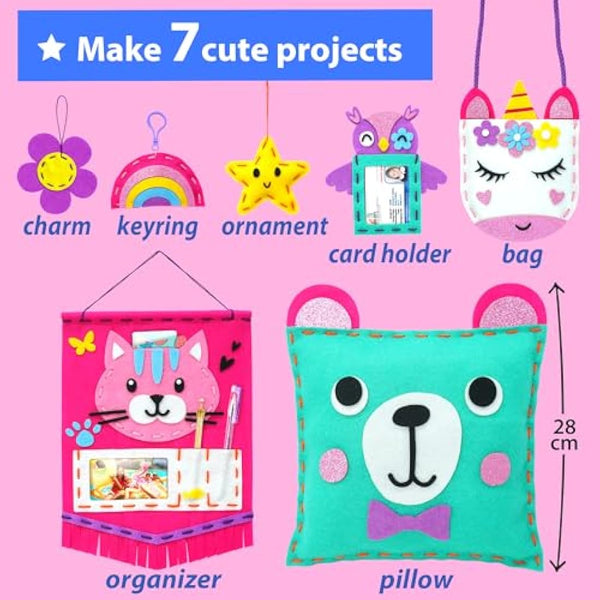 KRAFUN My First Sewing Kit for Kids Ages 5-9, Beginner Art & Craft with 6 Easy Doll, Pillow, Bag, Ornament Projects, Plush Felt, Safe Plastic Needle, Instructions Learn Sewing, Embroidery