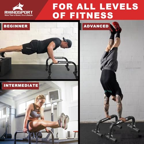 RHINOSPORT Parallettes Bars Dip Calisthenics Push Up Bars 10.2 in High 300Kg/661lbs Weight Capacity Strength Training Home Gym Workouts Calisthenics