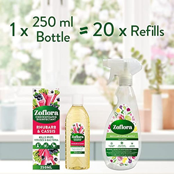 Zoflora Mixed Pack Concentrated Disinfectant Liquids, 8 x 250ml Pack, Includes Lemon Zing & Rhubarb & Cassis, Antibacterial Multi-Surface Cleaners, Kills 99.9% of Germs