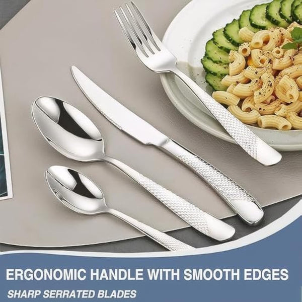 Gilded Silverware Set, 24 Piece Cutlery Set with Holder, Service for 6, Mirror Polished Tableware Set for Home Kitchen (Silvery)