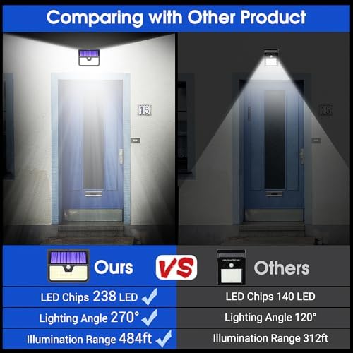 Outdoor Solar Lights, 238 LED Solar Security Lights and 3 Modes Motion Sensor 270° Wide Angle Solar Powered Lights IP65 Waterproof Solar Wall Light for Front Door, Yard, Garage, Garden (4 Pack)