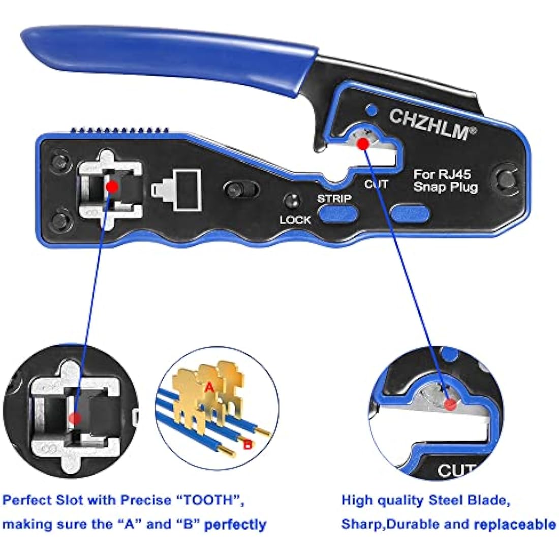 CHZHLM RJ45 Crimp Tool Kit All in One Pass Through Crimper Stripper Cutter for Cat5e Cat6 Cat6a Pass Through Connector with 50Pcs Connectors 50Pcs Covers Mini Stripper Pliers Tester