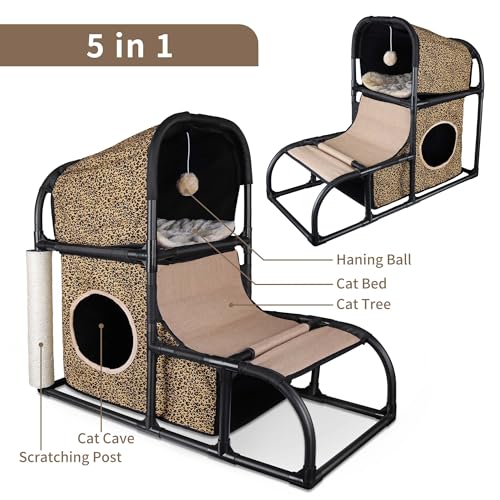 Goetland PVC Modern Cat Condo Cat House Cat Tree Medium Cat Tower Bed Scratching Post Climber Peek Dangling Ball Hole For Kitty Indoors Cat Leopard