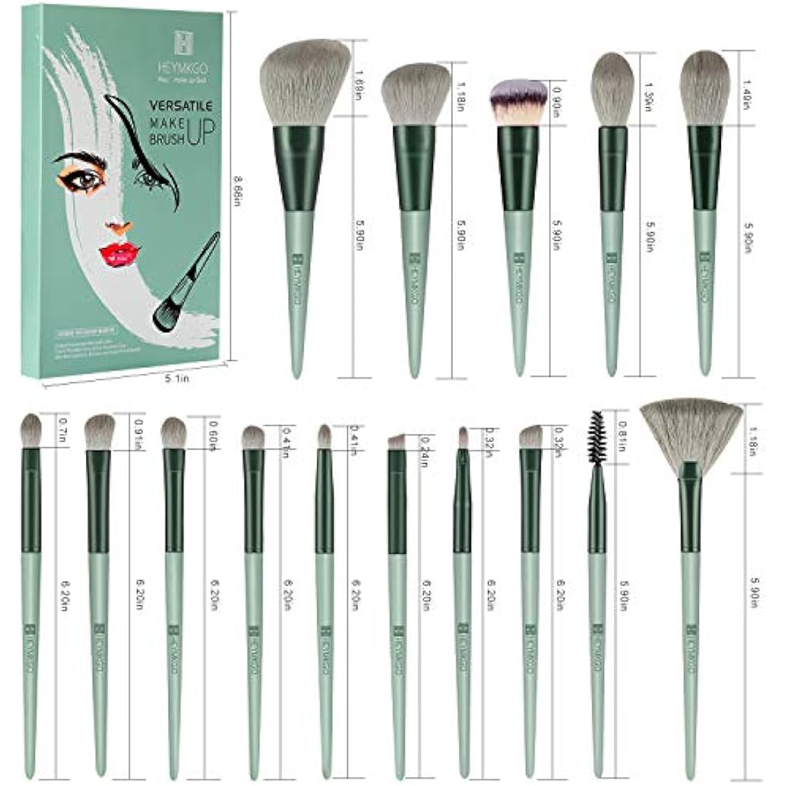 Makeup Brushes HEYMKGO 15pcs Premium Synthetic Bristles Green Conical Handle Kabuki Foundation Brush Makeup Sets Professional Portable Flannel Bag