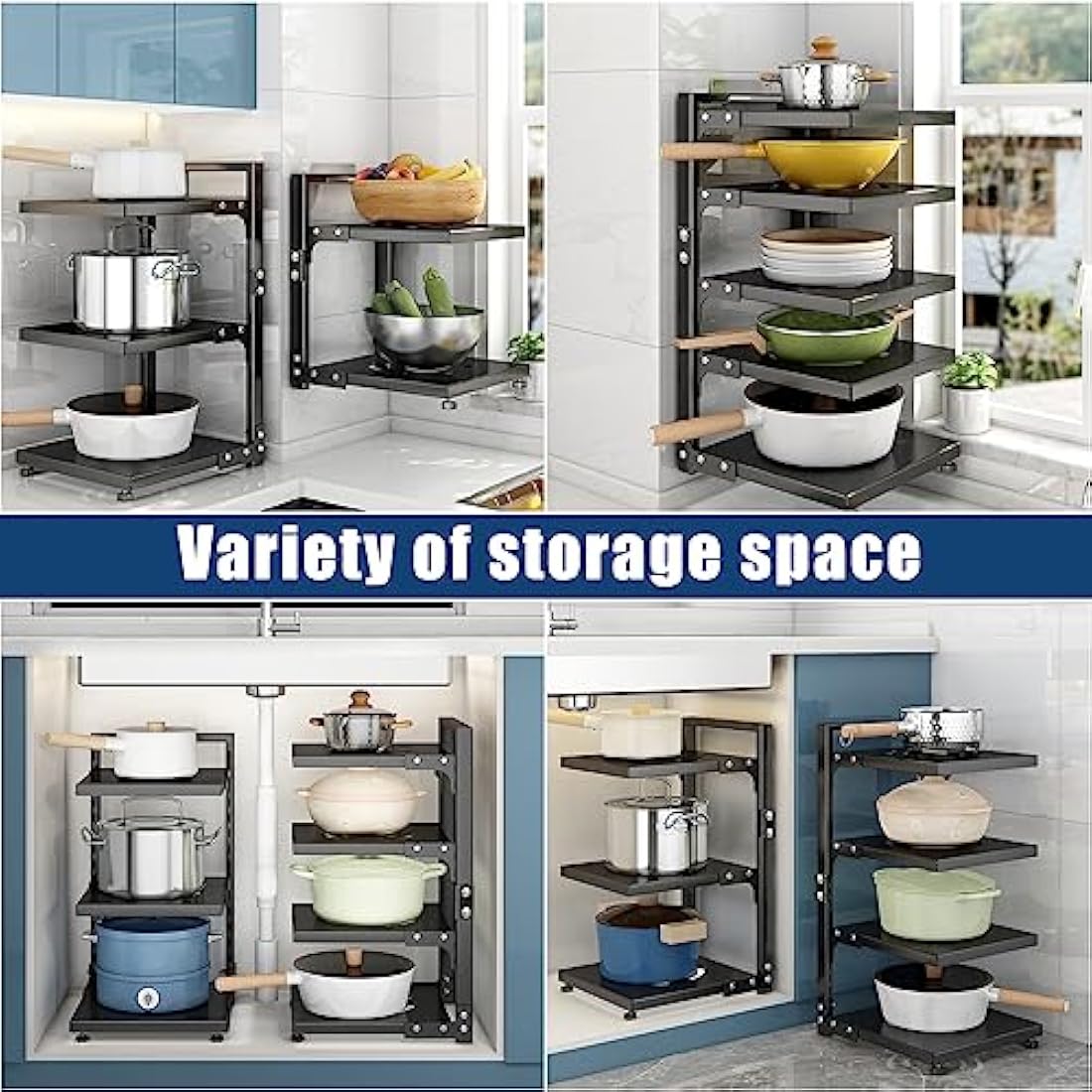 CASONNIK 7-Tier Adjustable Heavy Duty Pan Organizer - Multiple Use Modes, Pot & Pan Rack for Kitchen Counter and Cabinet