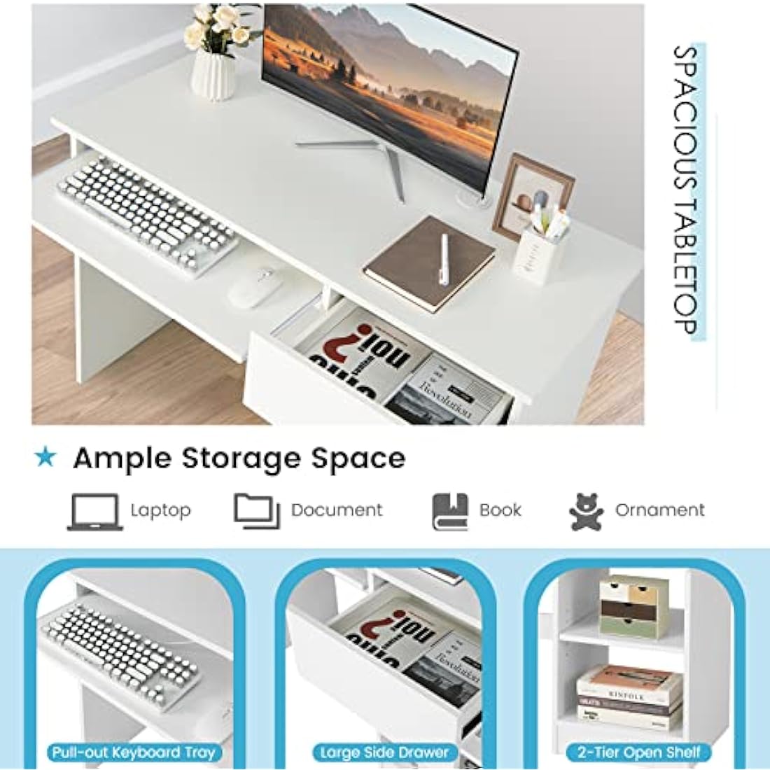 CASART Computer Desk, Home Office Laptop Table Writing Desk with Drawer, Adjustable Shelf & Keyboard Tray, Compact Study Desk Computer Workstation for Small Space (White)