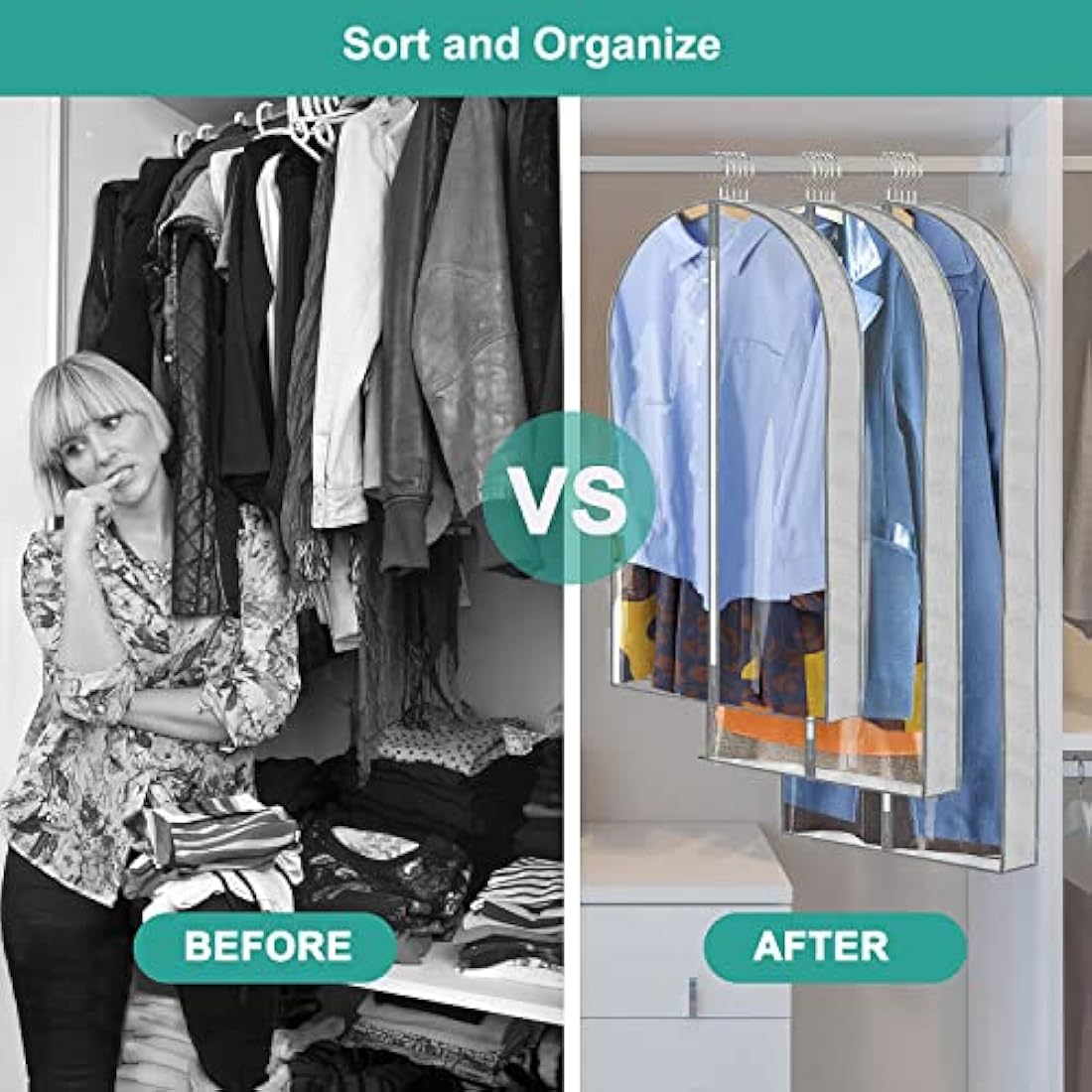 ZSURLUX Garment Bags for Clothes 60 x 100cm 2Pack, Moth Proof Clothes Covers with Zip, Hanging Storage Protector Bags for Wardrobe, Travel, Suitable for Suit, Coat, Jackets, Jumpers,etc. Grey