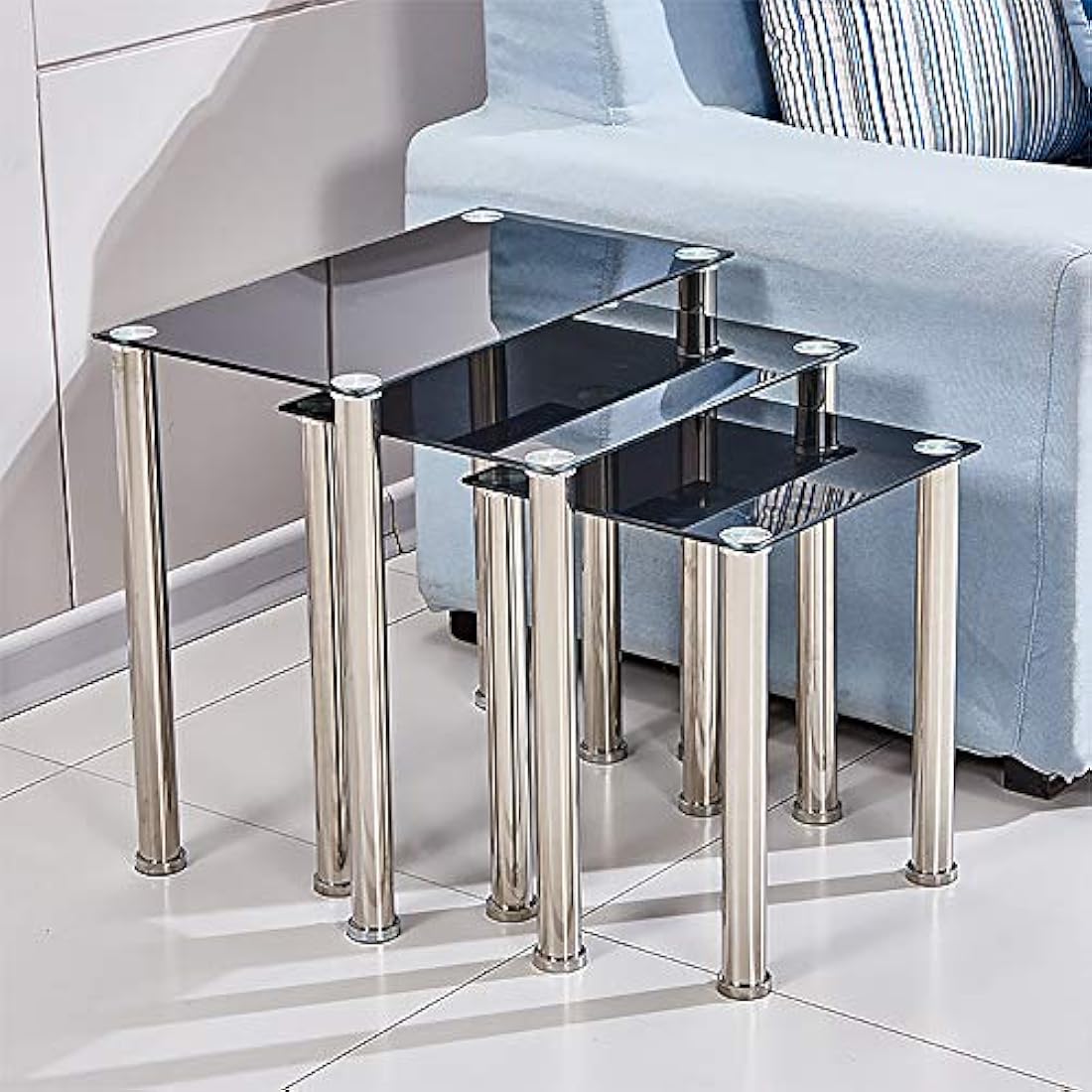 BELIFEGLORY Modern Design Nesting Tables, Set of 3 Coffee Table with Tempered Glass and Stainless Steel Legs, Space Saving Sofa Side Corner End Table (Rectangular - Black)