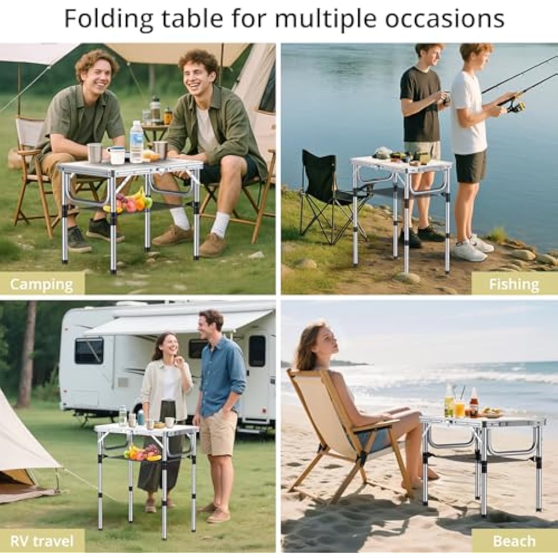 Anbte Folding Camping Table with Storage Net, 3 Adjustable Heights Aluminum Small Folding Table, Waterproof Lightweight Foldable Stored for Outdoor Indoor Picnic Beach Backyard, 60cm x 40cm, Silver