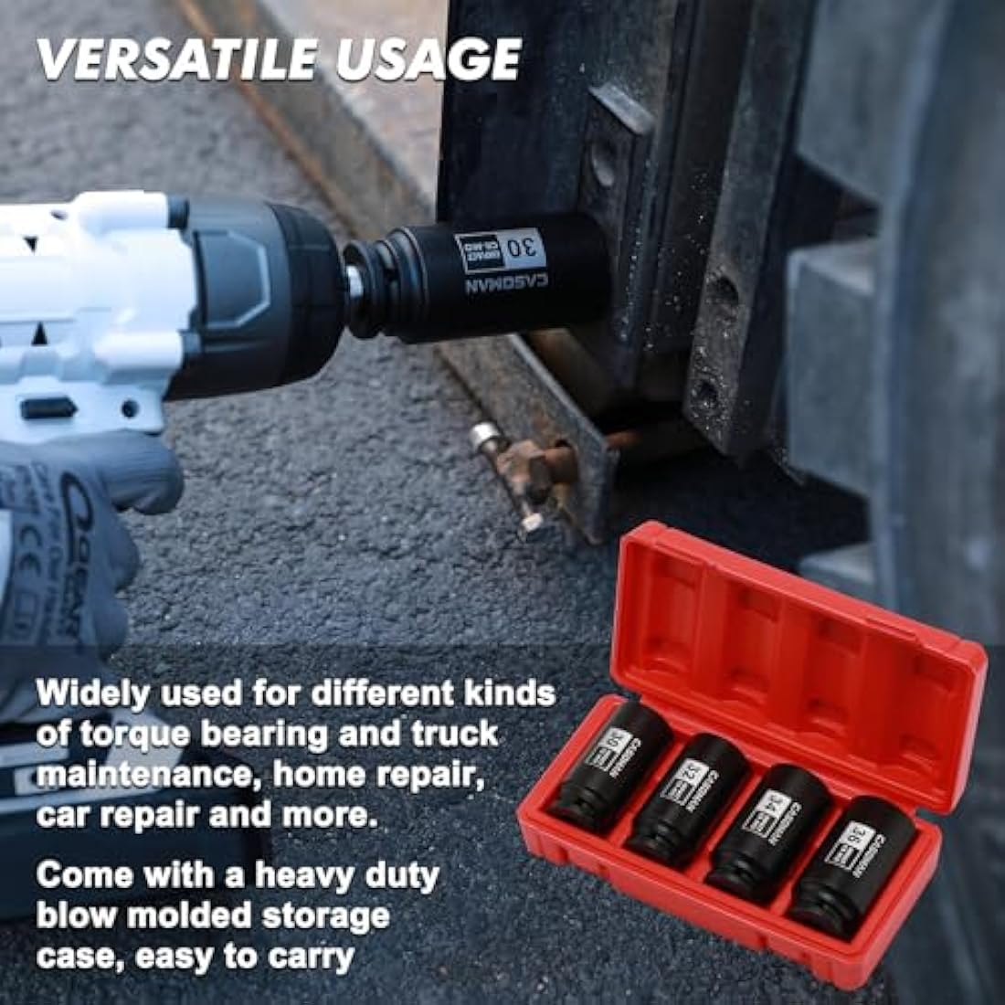 CASOMAN 4 Pieces 1/2" Dr. Heavy Duty Impact Socket Set, 12-Point, Metric, CR-MO, 30,32,34,36mm, 1/2-Inch Drive Deep Spindle Axle Nut Impact Socket Set