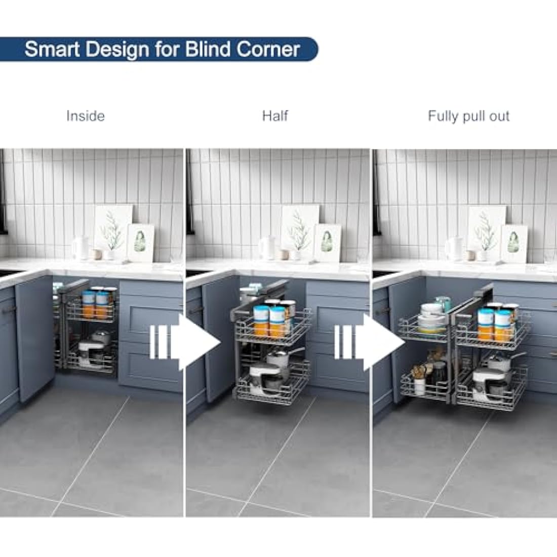 VADANIA Blind Corner Pull Out Organizer for 800mm Cabinet Left Open & Right Open Compatible, Min Opening 370mm, 2-Tier Pull-Out Basket, Soft Close, Bottom Mount