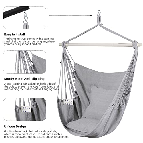 Goutime Hammock Chair Swing, 2 Seat Cushions/Pillows, Detachable Metal Support Bar, Carry Bag, Bedroom/Outdoor, 330 lbs max (Gray)
