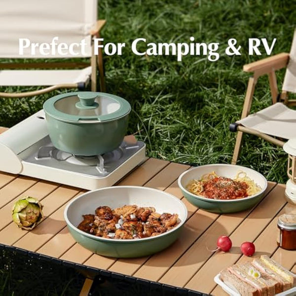 Redchef 16pcs Ceramic Pots and Pans Set Non Stick, Nonstick Cookware Set with Detachable Handle, PFAS PFOA & PTFE Free, RV Ceramic Cookware Set for Camping, Oven Safe (Green)