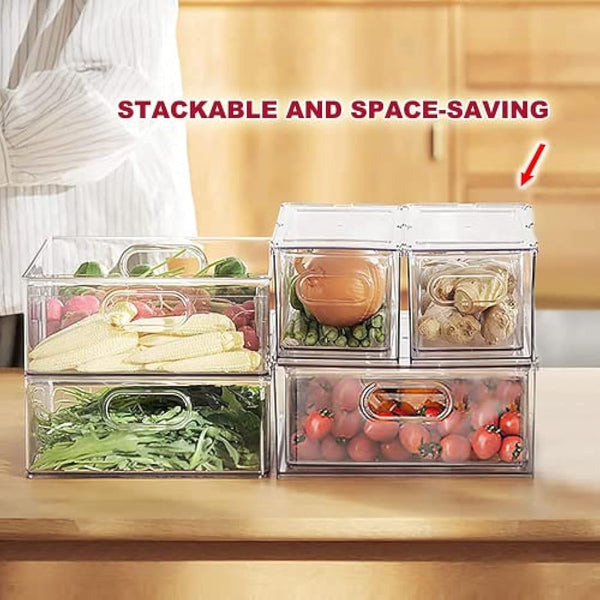 3 Pack Refrigerator Organizer Bins with Pull-out Drawer, Large Stackable Fridge Drawer Organizer Set with Handle, BPA-free Drawable Clear Storage for Freezer, Cabinet, Kitchen, Pantry Organization