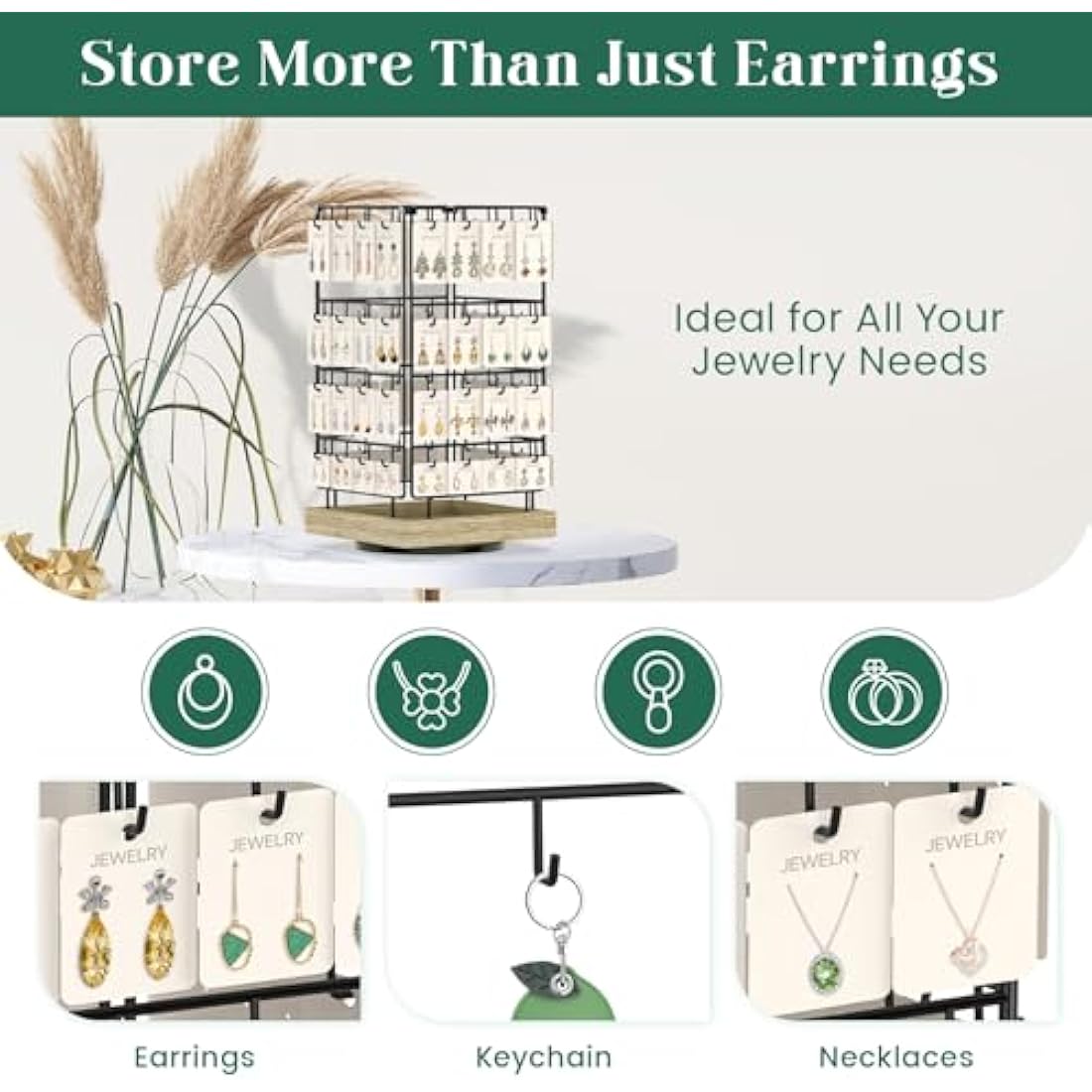 EsLuker.ly Rotating Earring Display Holder Stand for Vendors Events Selling, Large Capacity 64 Hooks Jewelry Rack with Wooden Base for Earring Card Sales, Enhances Retail Display Visibility