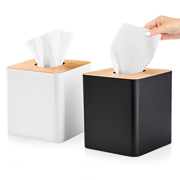 RETON 2 Pack Tissue Box Cover, Square Plastic Tissue Box Holder with Bamboo Lid, Cube Tissue Dispenser Box for Living room, Office, Home Decor, Night
