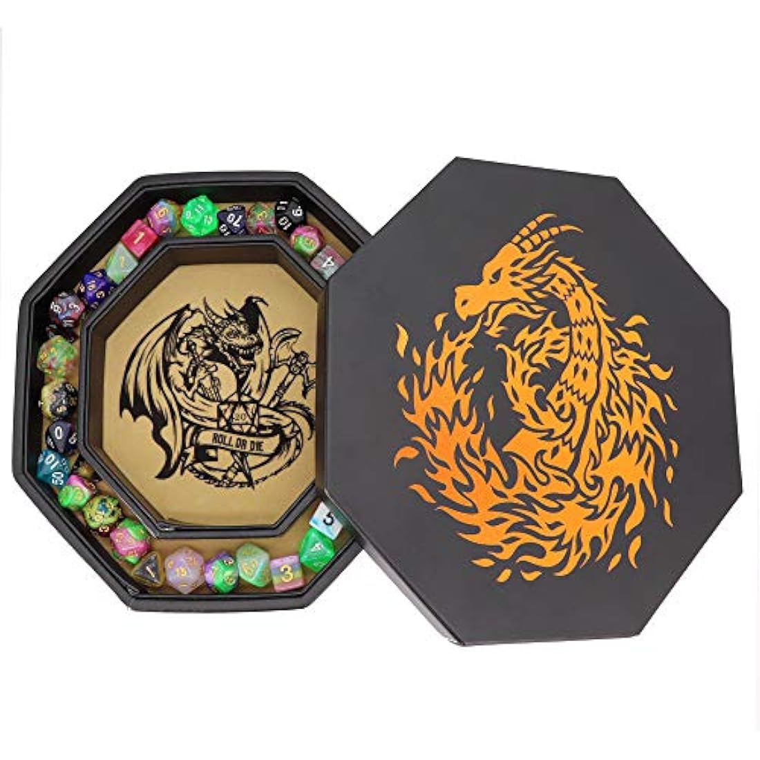 Fantasydice- Fire Dragon - Dice Tray - 20CM Octagon with Lid and Dice Staging Area- Holds 5 Sets of Dice(7 / Standard) For All Tabletop RPGs Like D&D, Call of Cthulhu, Shadowrun. (Chromatic)
