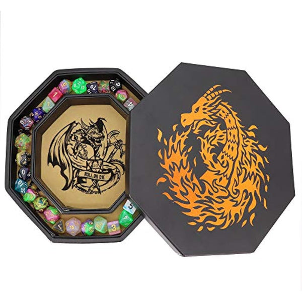 Fantasydice- Fire Dragon - Dice Tray - 20CM Octagon with Lid and Dice Staging Area- Holds 5 Sets of Dice(7 / Standard) For All Tabletop RPGs Like D&D, Call of Cthulhu, Shadowrun. (Chromatic)