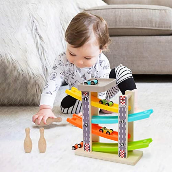 Wooden Car Ramp Toys Zig Zag Cars Slide Toddler Toys Wooden Click Clack Race Track Bowling Game Wood Car Toy Garage with 4 mini Cars 3 Bowlings for 1 2 3 Year Old Boys Girls Gifts