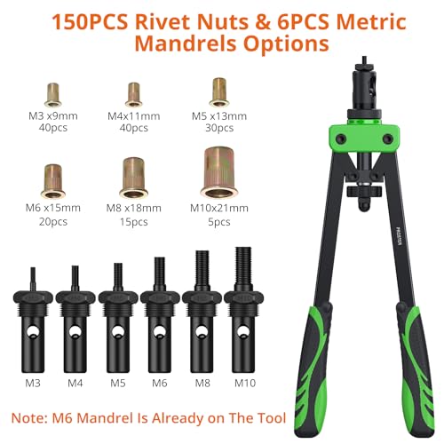 Proster Rivet Nut Tool 14" Heavy Duty Hand Rivet Nut Gun with 6pcs Metric Mandrels 150 PCS M3 M4 M5 M6 M8 M10 Nut Riveter Nut Thread Setter Kit with Storage Box Green