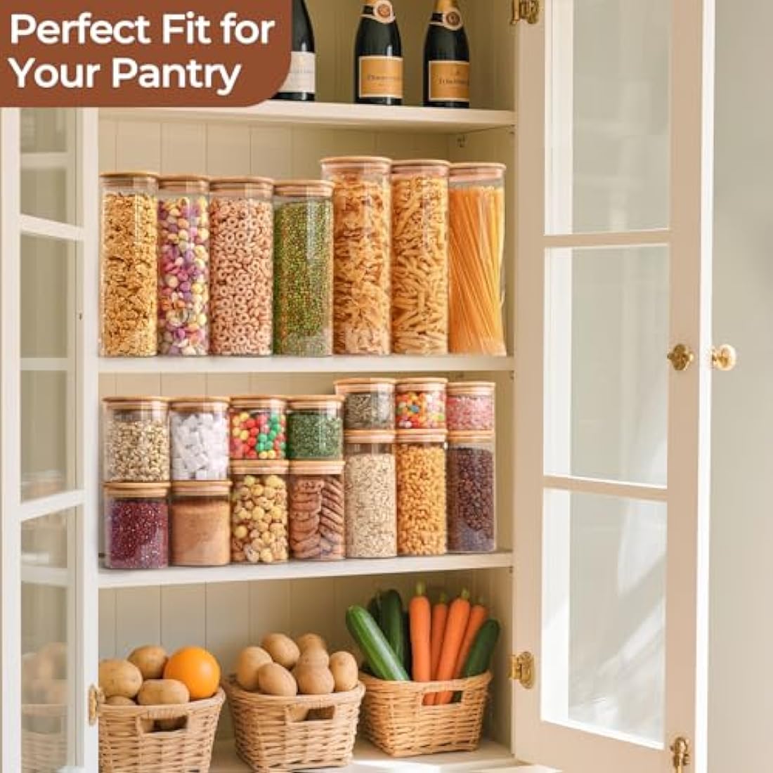 ComSaf 1.6L Glass Storage Containers with Lids, Glass Jars with Bamboo Lids, Clear Food Storage Jar, Round Canister Set of 3, Pantry Organizers and Storage for Pasta Flour Rice Tea Coffee Bean