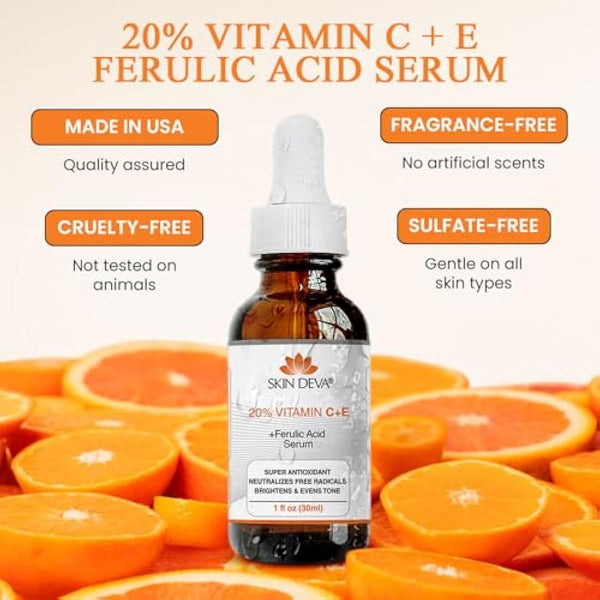 SKIN DEVA 20% Vitamin C and E with Ferulic acid, for acne scars,hyperpigmentation and anti aging 30ML