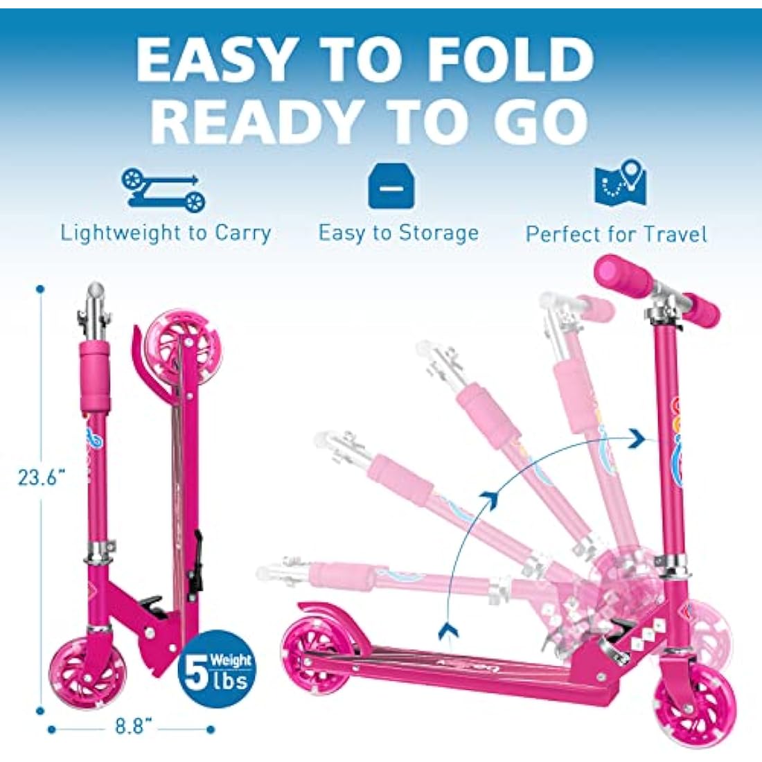 BELEEV V1 Scooter for Kids, 2 Wheels Folding Kick Scooter for Children Girl and Boys, 3 Adjustable Height, Flashing Light up Wheels, Lightweight Scooter with Sturdy Frame, Kickstand, Age 3-12