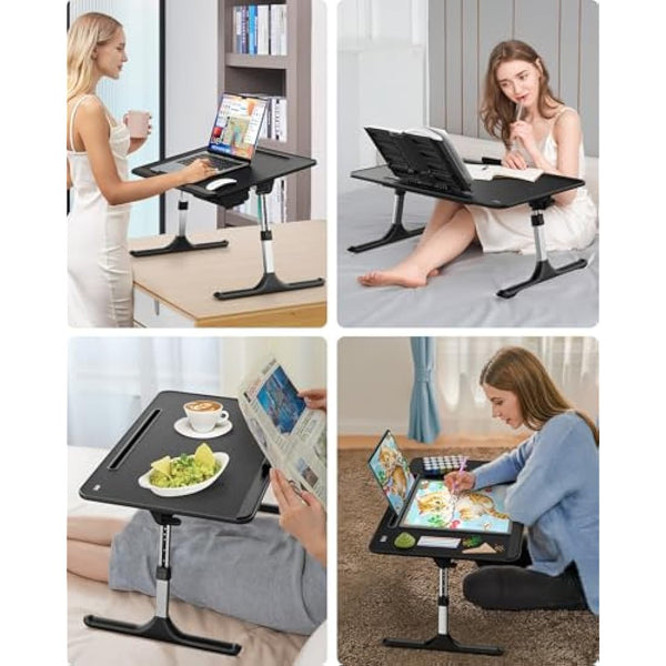 Laptop Desk, SAIJI 60 * 40cm Bed Table, Lapdesk, Height Angle adjustable, with Book Stand, Drawer, Tablet Slot, Breakfast Bed Tray for Sofa, Bed