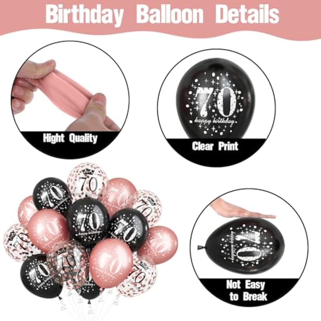 70th Birthday Decorations for Women, Black Rose Gold Happy 70th Birthday Latex Balloons Set, Pack of 15 70th Party Decor Balloons for Age 70 Years Old Birthday Party Decoration Celebration Supplies