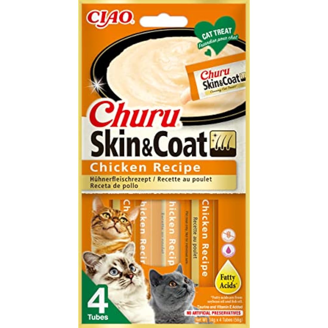 Ciao Churu Skin & Coat by INABA Cat Treat - Chicken - 12 Packs (48 x 14g total) / Soft & Creamy Treat, Delicious & Healthy Snack, Purée Food Topper, Natural, Grain Free