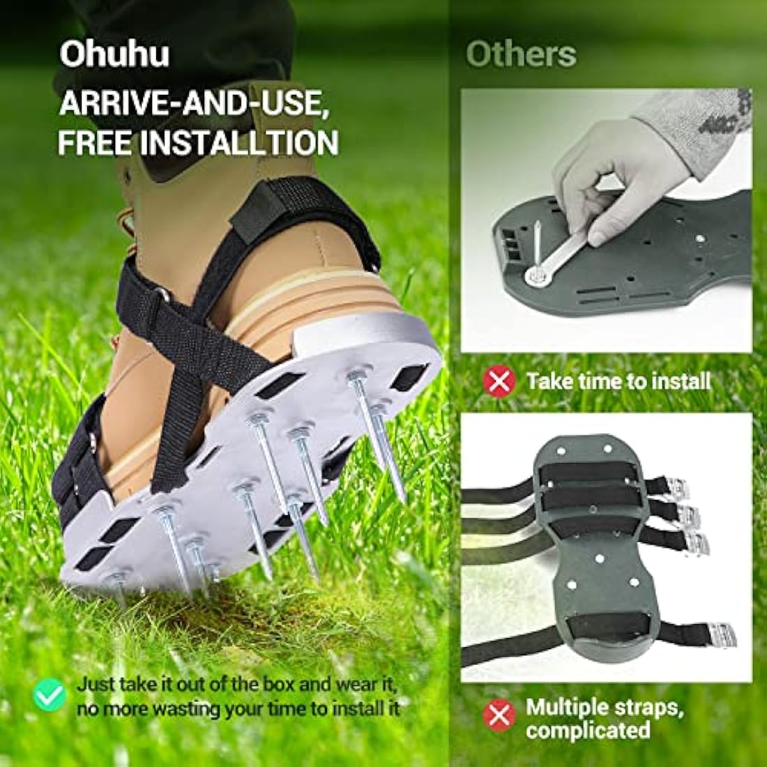 Ohuhu Lawn Aerator Shoes, Metal Spike Sandals for Aerating Lawn with Stainless Steel Shovel, Free-Installation Aerating Shoes with 900D Straps, Effectively Aerating Soil for Garden Grass Lawn