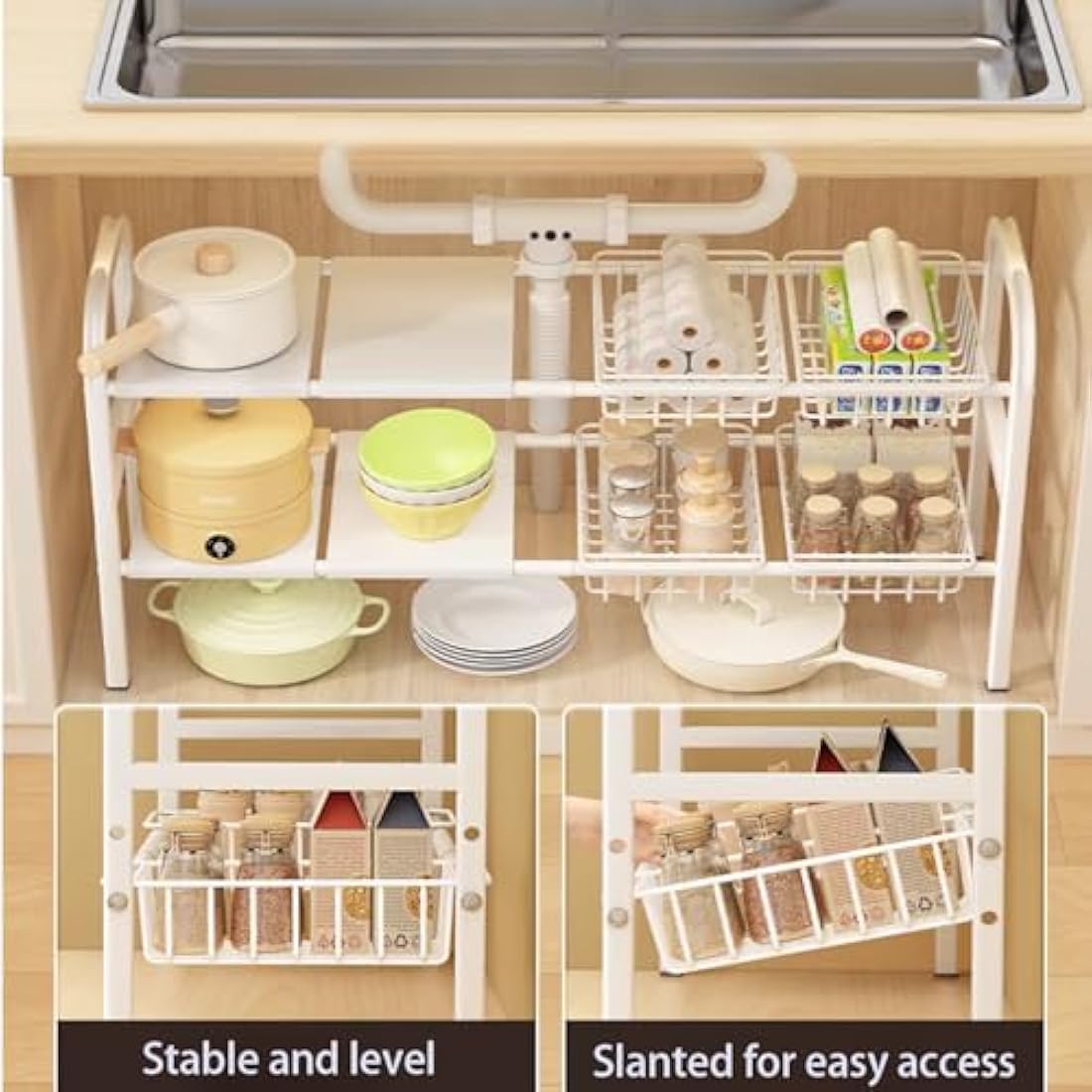 Under Sink Storage Kitchen Organiser,2 Tier Extendable Under Sink Shelf Organiser,With 5 Removable Panels And 5 Storage Basket,Stainless Steel Pipes - White
