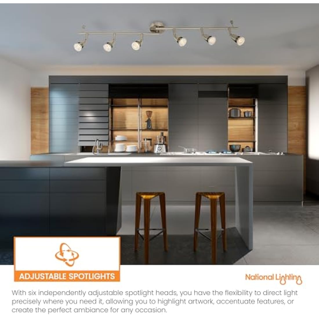 National Lighting Led Celing Lights Rotatable, 6 Way Ceiling Spolights, Satin Silver Finish, for Living Room, Kitchen, Bedroom, GU10 Led Compatible