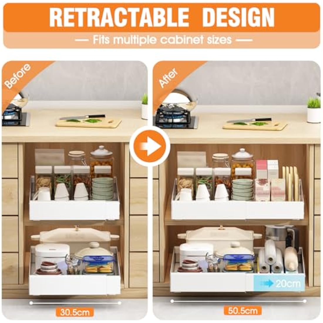 Ronlap Slide Out Drawer, Extendable Pull Out Cabinet Organizer Kitchen Cupboard, 43CM x 29-45 CM Extendable Sliding Drawer, No Drilling and Nailing, Kitchen Storage White