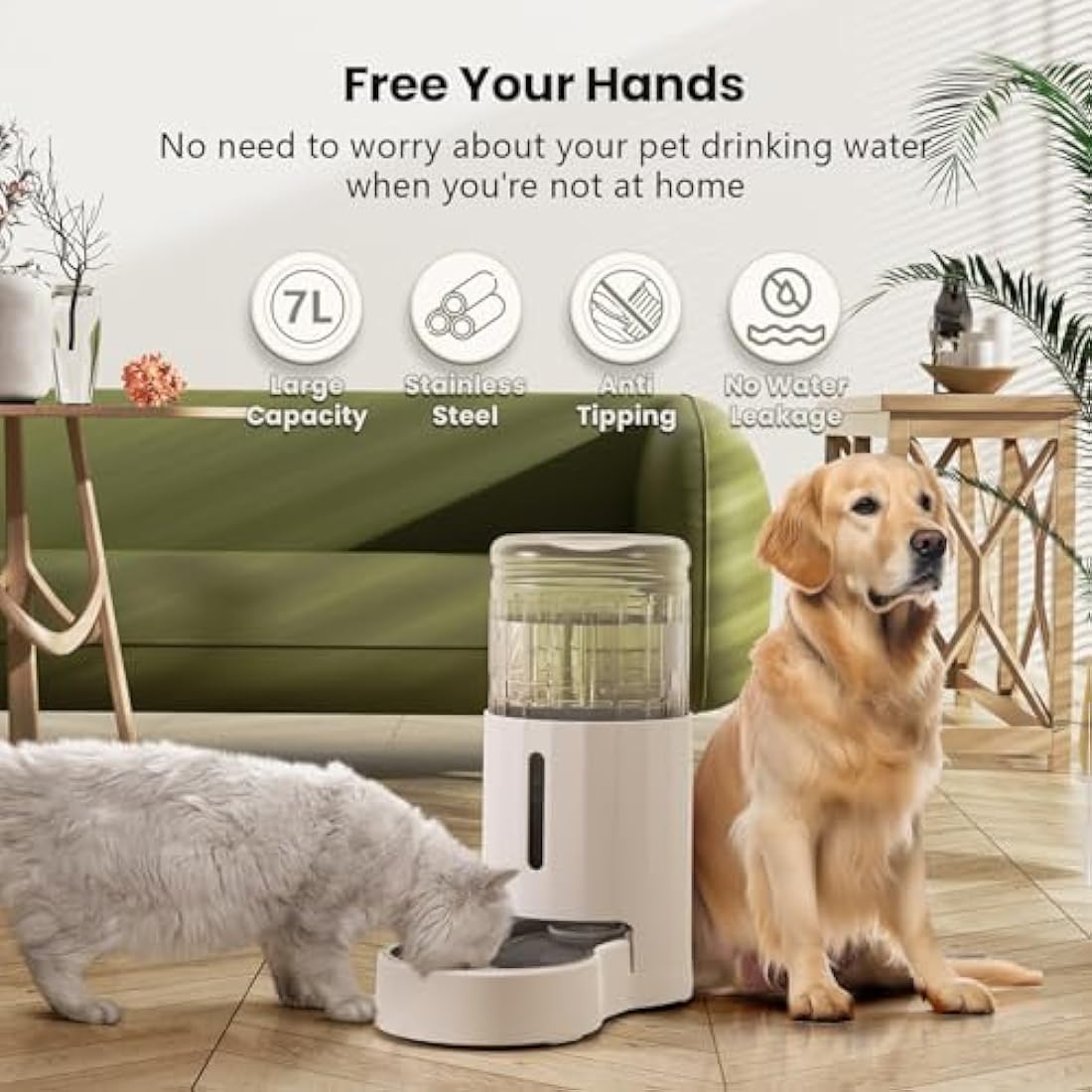 JUNSPOW 7L Stainless Steel Pet Water Dispensers, Large Capacity Gravity Pet Waterer, No Electricity & Ultra-Silent Automatic Water Dispenser for Large Dogs/Multi-cat Household,White