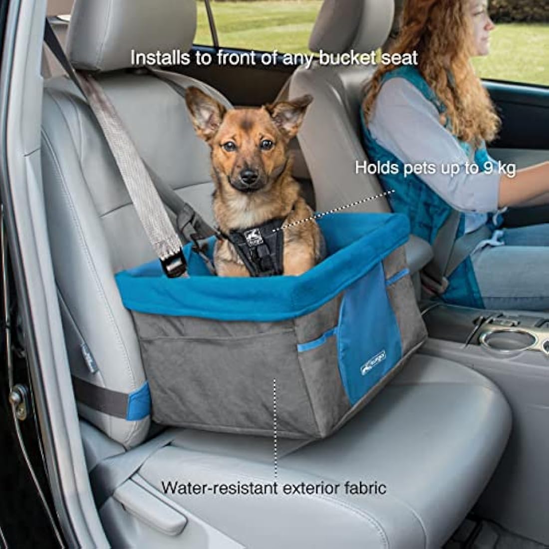Kurgo Heather Car Booster Seat for Dogs, Quick & Secure Installation, Includes Seat Belt Tether, Fleece Lining, Grey/Blue (ZTV30-17114)