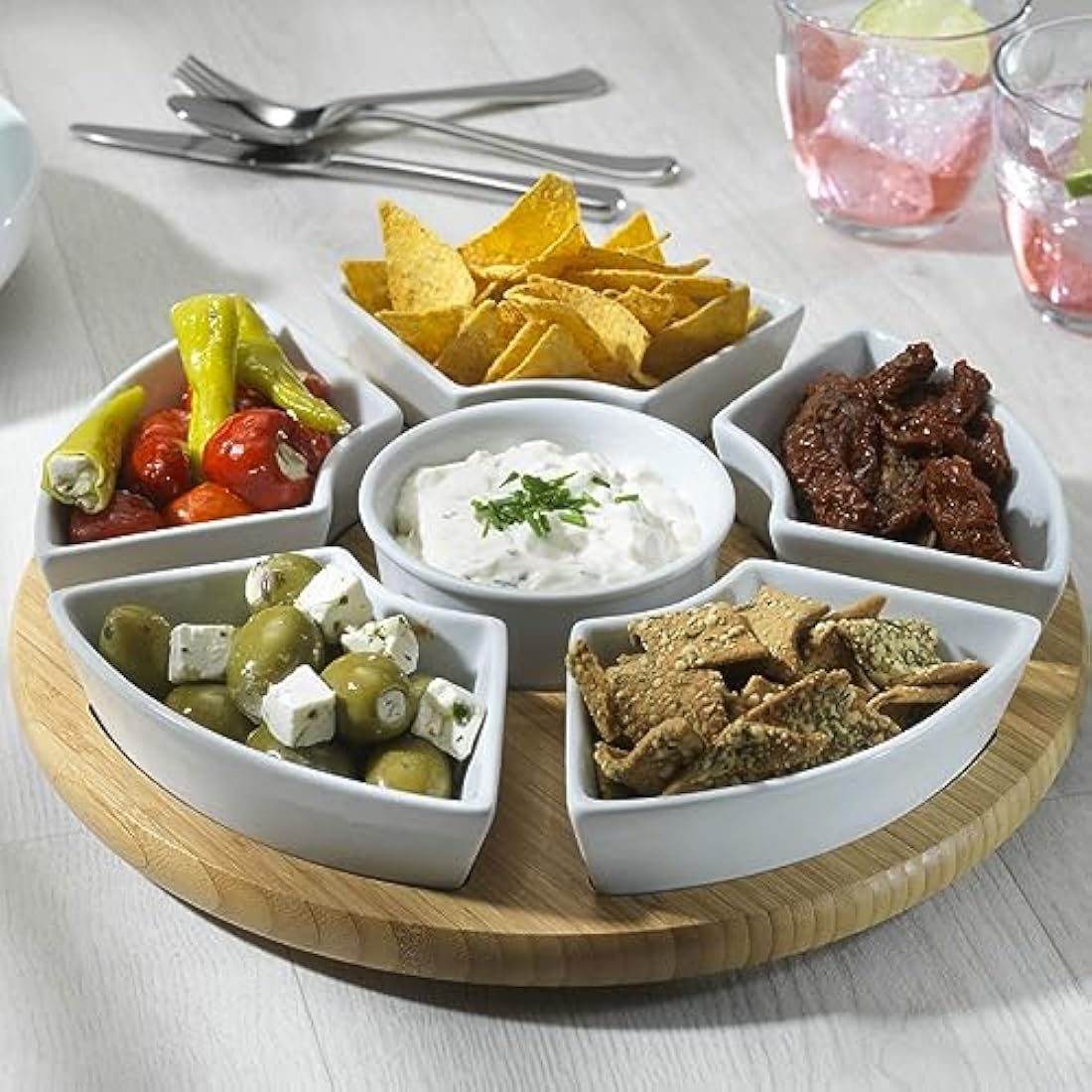 Occasion Rotating Lazy Susan Dip Set with 6 Ceramic Dishes in Colour Box