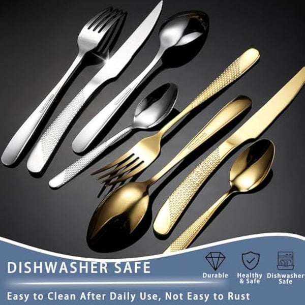 Cutlery Set with Stand, 24 Piece Gold Silverware Set Cutlery Set, Stainless Steel Flatware Set for 6 Person, Mirror Polished Tableware Set with Holder for Home Kitchen (Silver)