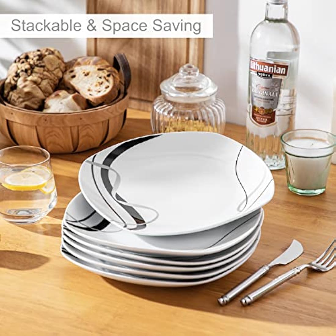 VEWEET 'Fiona' 9.75" 6-Piece Dinner Plate Porcelain Dinner Set Ivory White Black Decals Round Plates Dinning Set Kitchen Service China Dinner Plate (24.7 * 24.7 * 2.2 cm)