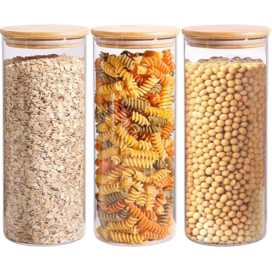 ComSaf 1.6L Glass Storage Containers with Lids, Glass Jars with Bamboo Lids, Clear Food Storage Jar, Round Canister Set of 3, Pantry Organizers and Storage for Pasta Flour Rice Tea Coffee Bean