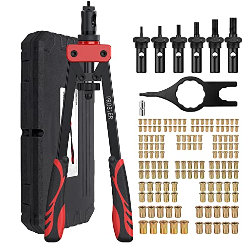 Proster Rivet Nut Tool 14" - Rivet Nut Gun with 150Pcs M3 M4 M5 M6 M8 M10 Rivet Nuts 6Pcs Metric Mandrels Heavy Duty Hand RIV Nut Gun Thread Setter Kit Red