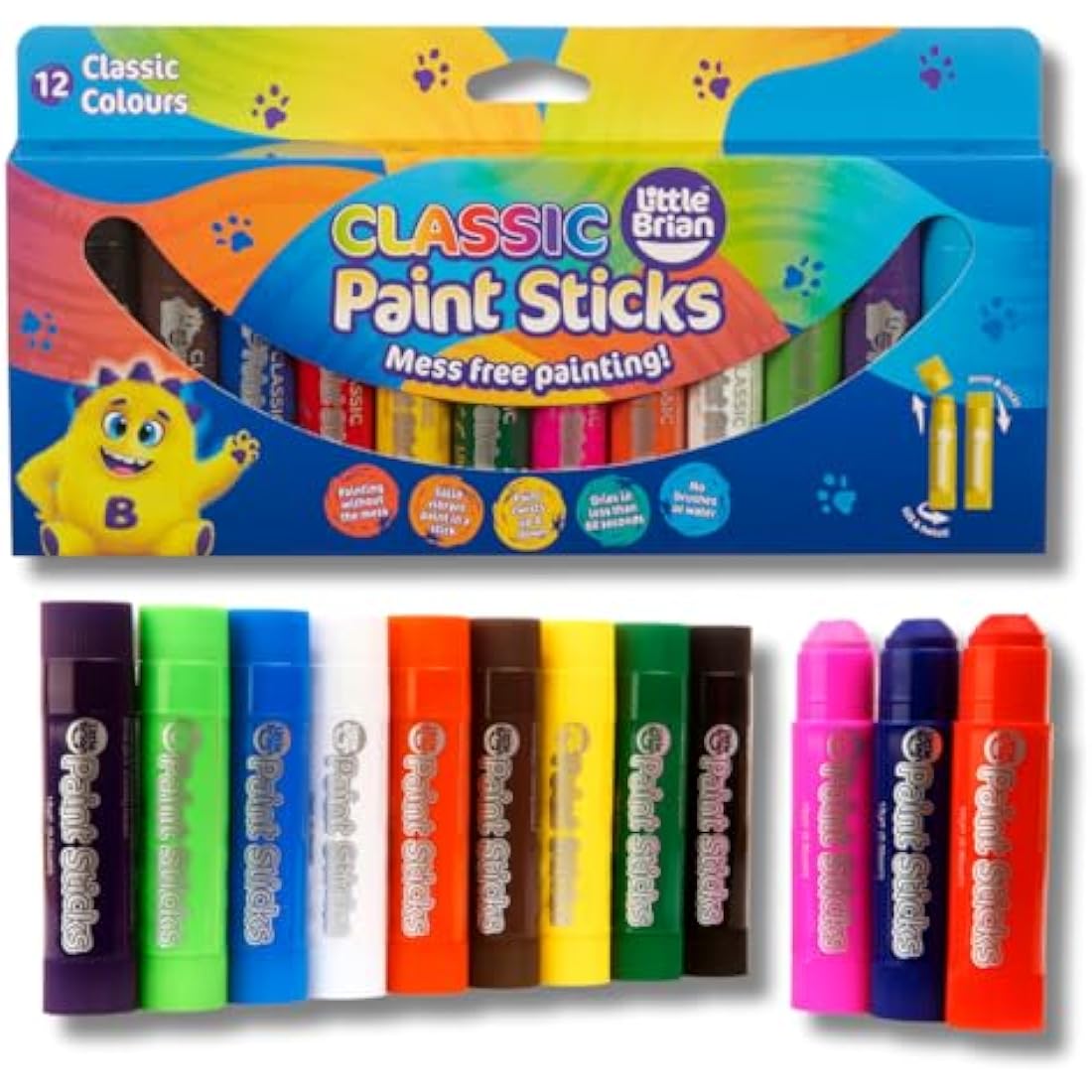 Little Brian Paint Sticks For Kids - 12 Pack Assorted Colours - Mess-Free, Easy Clean Up, Fast Drying Action, Vibrant Colours, Multi-Surface, Twist & Paint