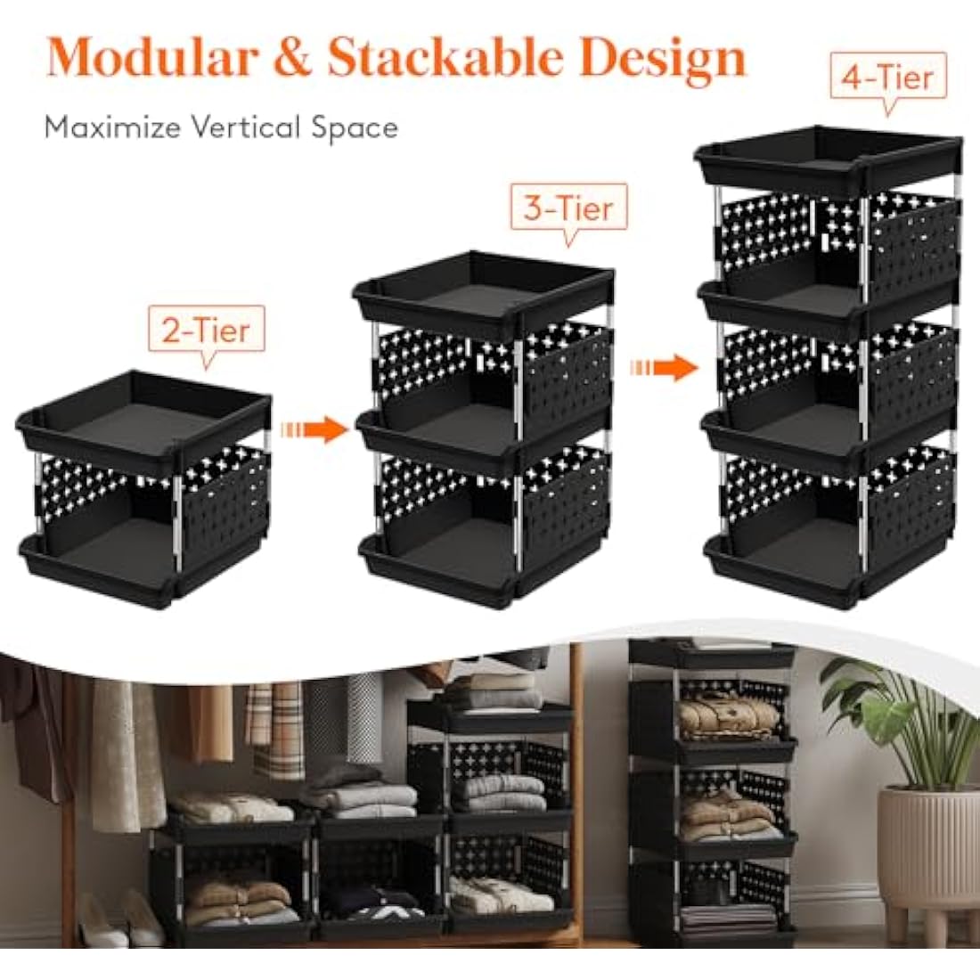 Lifewit Stackable Storage Baskets, 4 Tier Plastic Storage Trolley Unit Rack Shelf for Wardrobe, Kitchen, Cupboard Organiser, Black, 35 x 30 x 72 cm