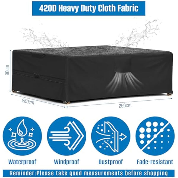 SIRUITON 250x250x90cm Garden Furniture Covers with Air Vent, Waterproof Windproof,Heavy Duty RipProof 420D Oxford Fabric Large Patio Set Cover, Outdoor Table Cover, Square/Rectangular Black